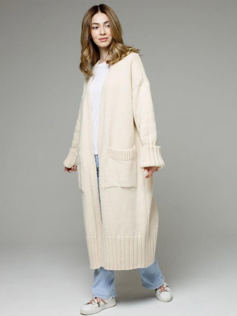 Longline Cardigan Mangas Compridas Ombro Caído Com Nervuras Suéter Feminino - Bege