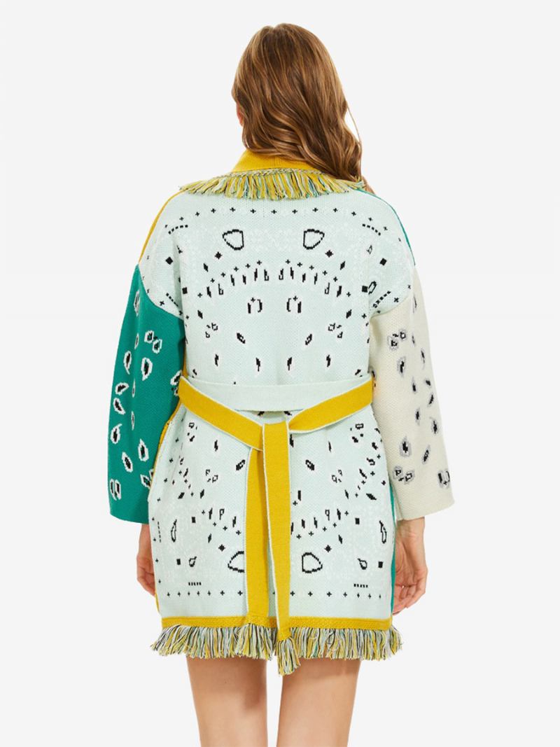 Novos Cardigãs Jacquard Femininos Com Borla E Cinto Mistura Lã Boho Suéter - Verde