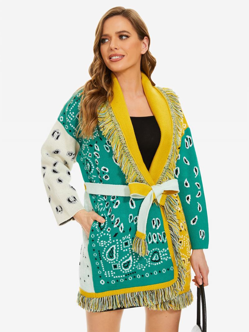 Novos Cardigãs Jacquard Femininos Com Borla E Cinto Mistura Lã Boho Suéter - Verde