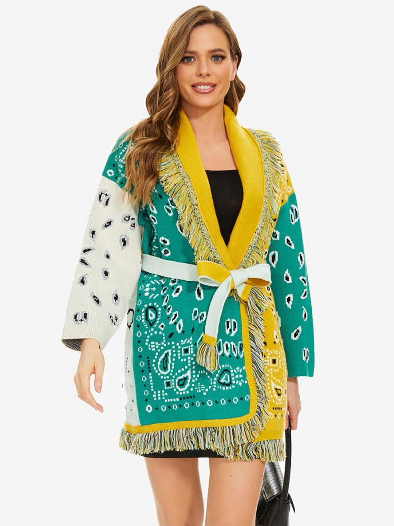 Novos Cardigãs Jacquard Femininos Com Borla E Cinto Mistura Lã Boho Suéter - Verde