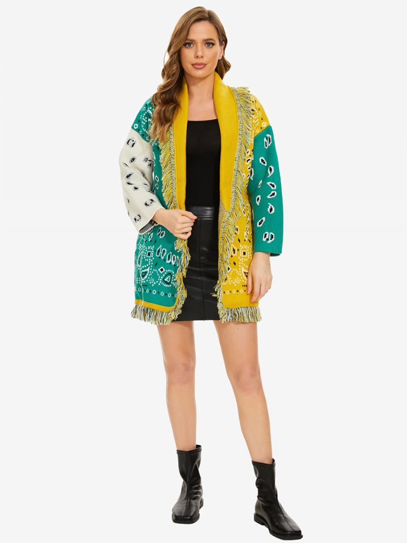 Novos Cardigãs Jacquard Femininos Com Borla E Cinto Mistura Lã Boho Suéter - Verde