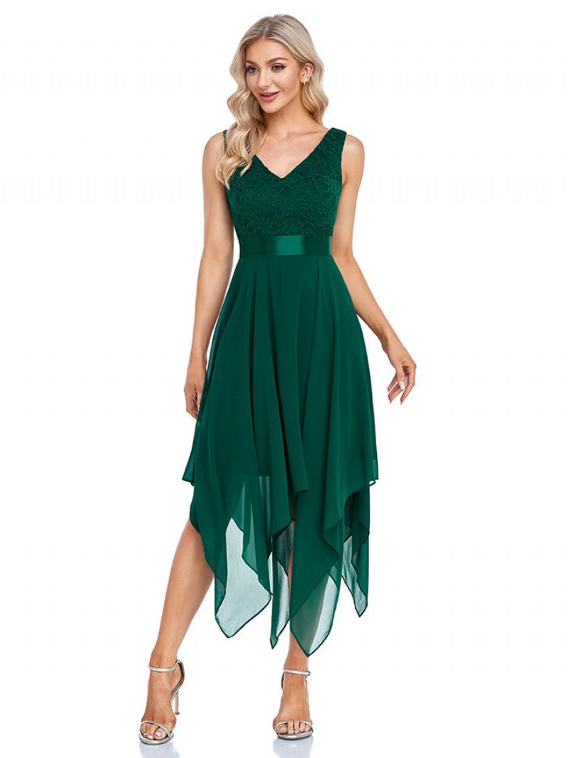 Lenço Feminino Vestidos Com Decote Em V Sem Mangas Fita Cintura Irregular Vestido Midi Baile - Verde