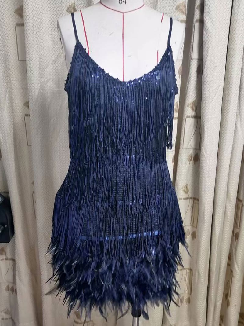 Mini Vestido Verão Feminino Com Alças Finas Borla Pena Bainha Festa Aniversário - Azul Royal