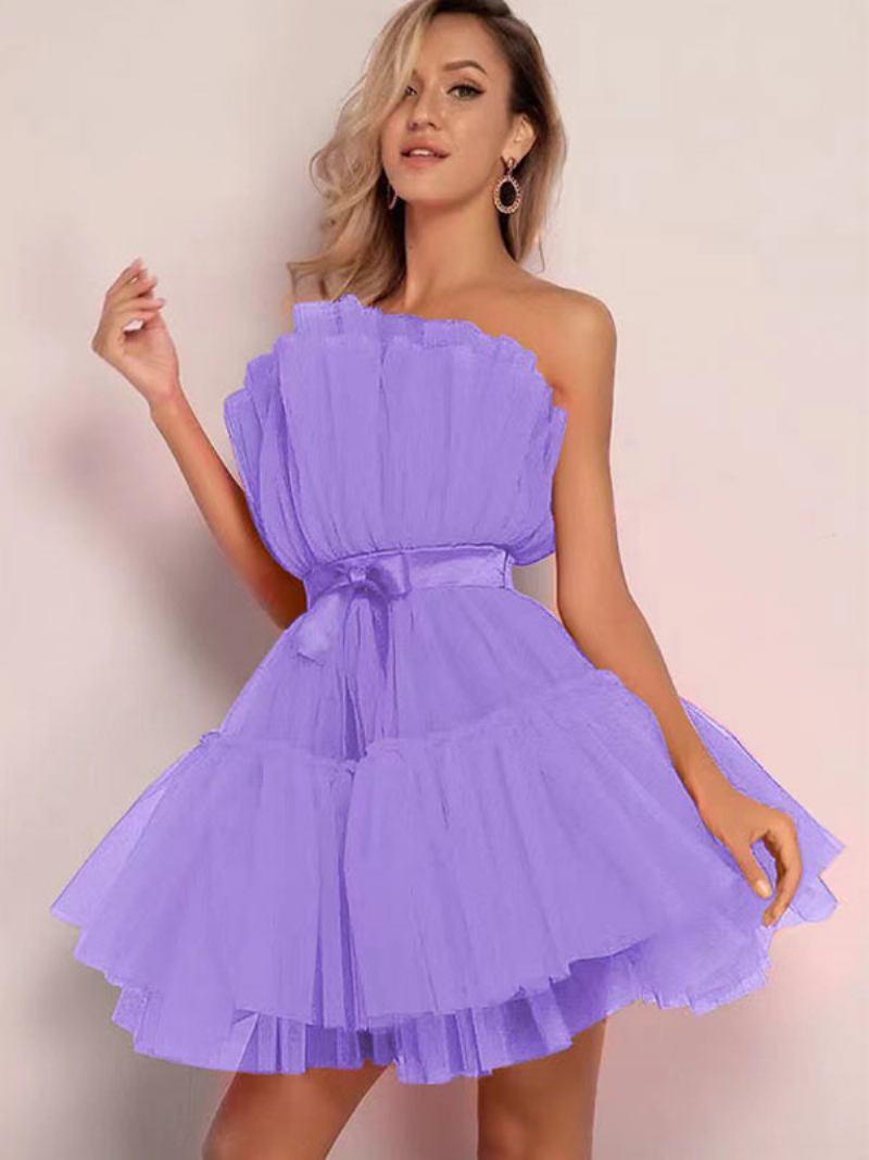 Minivestidos Femininos Tule Sem Alças Plissados Mangas Costas Nuas Vestido Em Camadas - Roxo