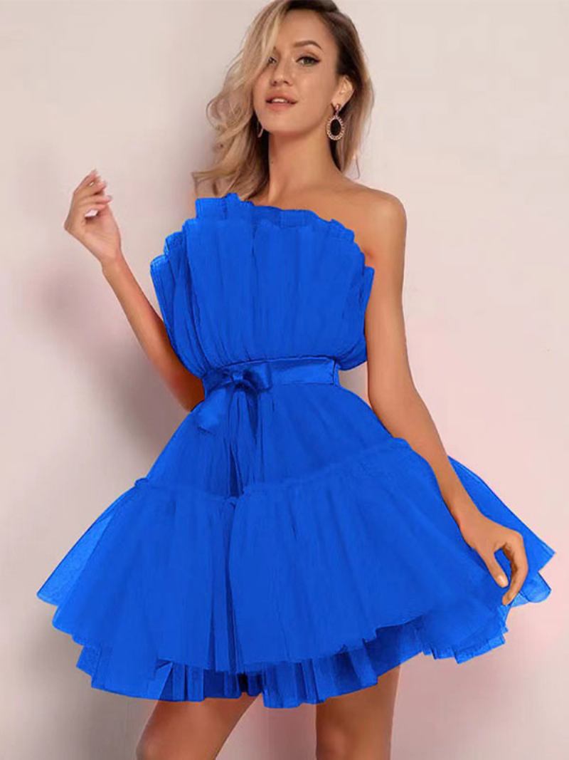 Minivestidos Femininos Tule Sem Alças Plissados Mangas Costas Nuas Vestido Em Camadas - Azul