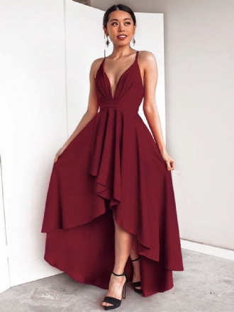 Vestido Aniversário Feminino Sem Mangas Com Decote Profundo Costas Alto Baixo Longo Baile Borgonha