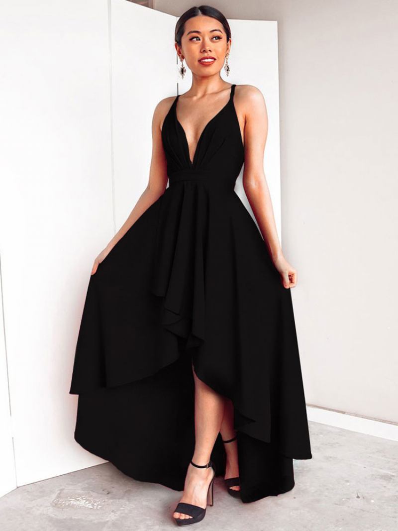 Vestido Aniversário Feminino Sem Mangas Com Decote Profundo Costas Alto Baixo Longo Baile Borgonha - Preto