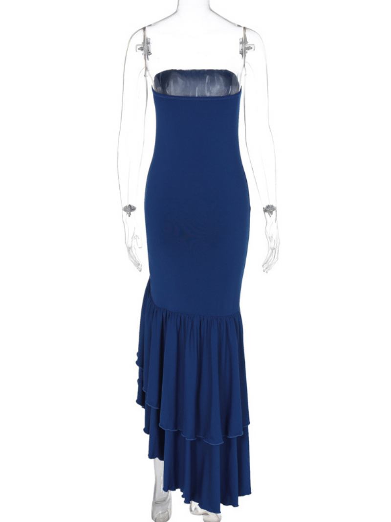 Vestido Baile Feminino Azul Com Ombros Fora E Babados Vestidos Maxi Elegantes Assimétricos - Azul