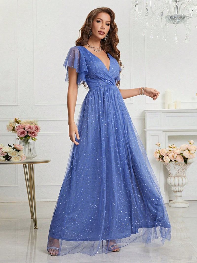 Vestido Baile Feminino Azul Sobrepeliz Com Decote Em V Mangas Esvoaçantes Vestidos Maxi Tule - Azul