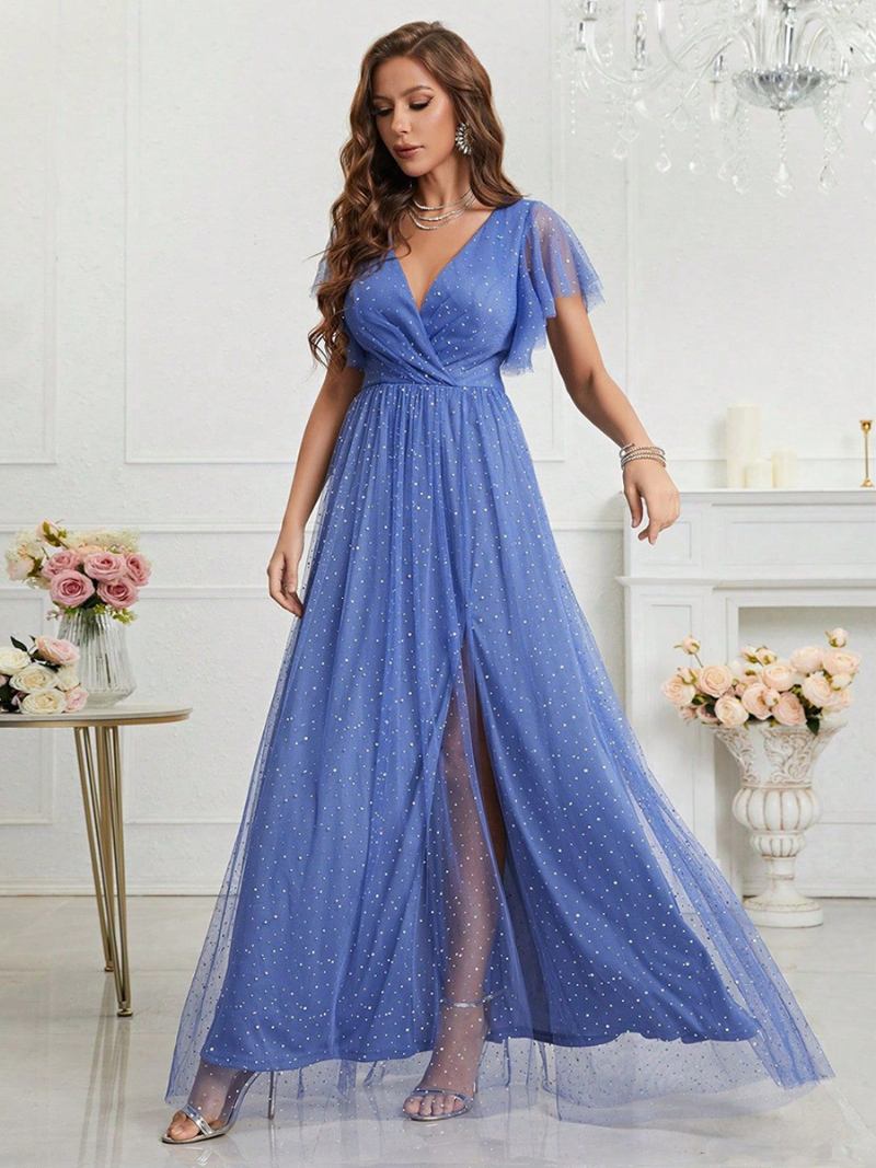 Vestido Baile Feminino Azul Sobrepeliz Com Decote Em V Mangas Esvoaçantes Vestidos Maxi Tule - Azul