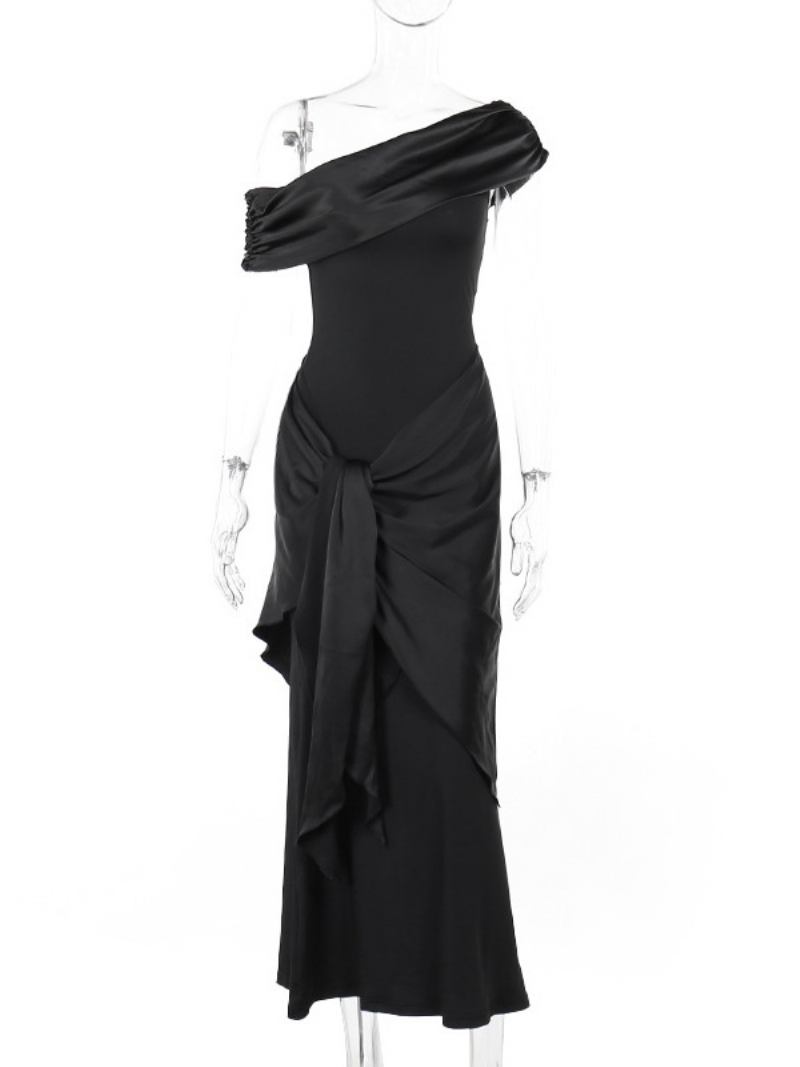 Vestido Baile Feminino Preto Com Um Ombro Plissado Assimétrico Conversível Maxi Vestidos - Preto