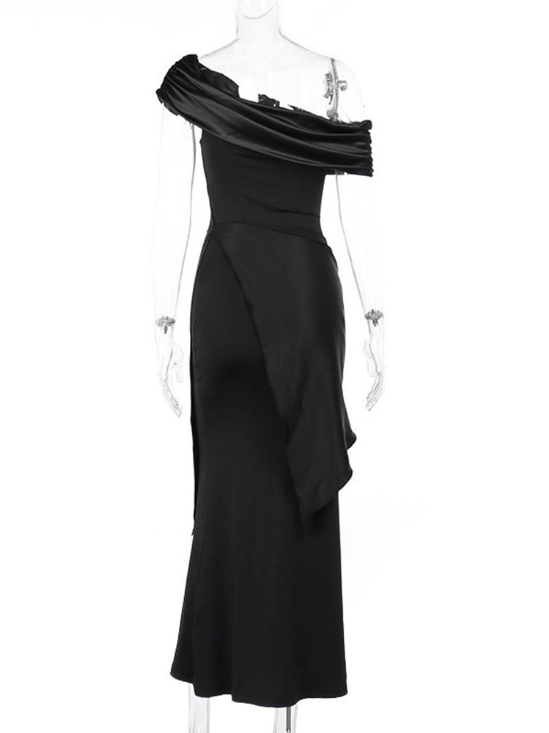 Vestido Baile Feminino Preto Com Um Ombro Plissado Assimétrico Conversível Maxi Vestidos - Preto