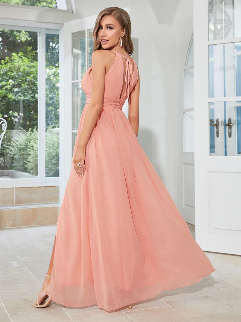 Vestido Baile Feminino Salmão Frente Única Com Fenda Alta Elegante Maxi Vestidos -  Salmão