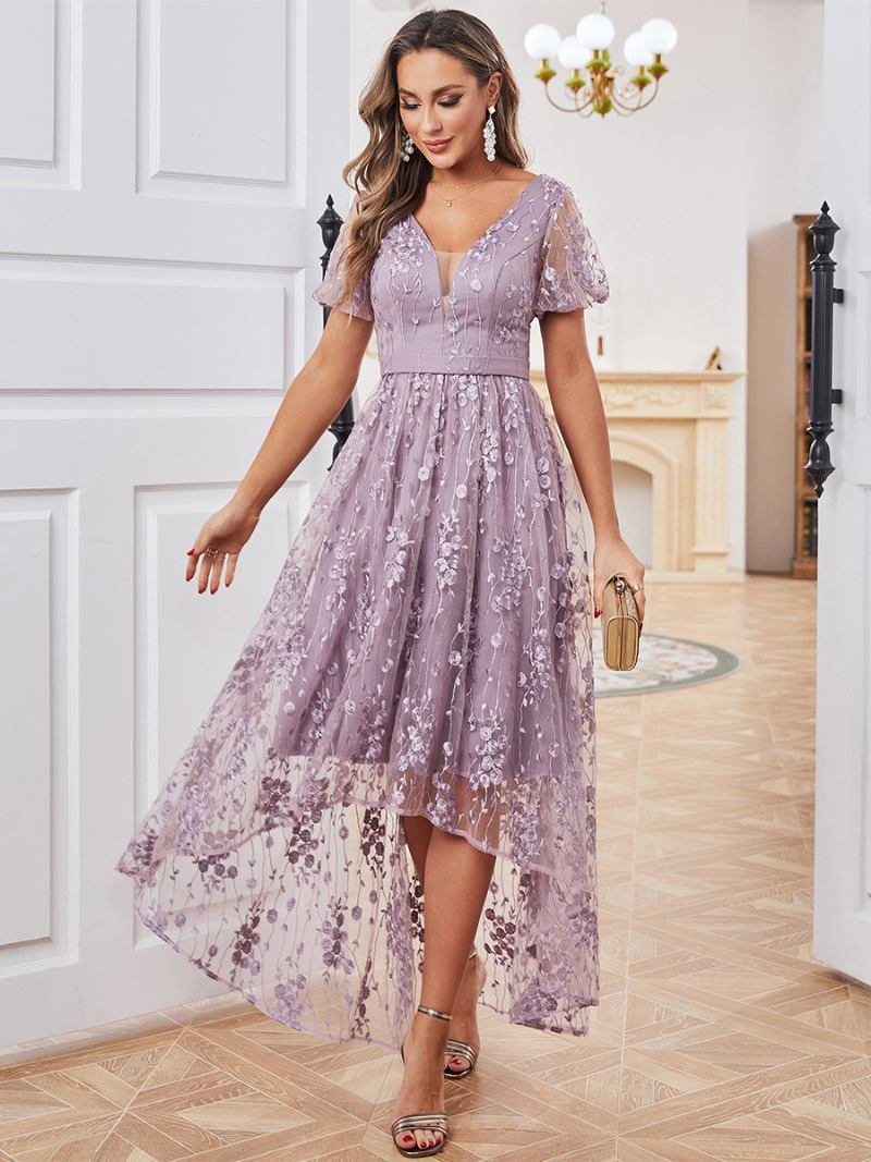 Vestido Feminino Bordado Roxo Floral Mangas Curtas Em Camadas Vestidos Maxi Irregulares