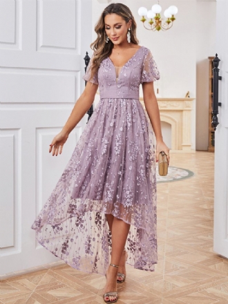 Vestido Feminino Bordado Roxo Floral Mangas Curtas Em Camadas Vestidos Maxi Irregulares