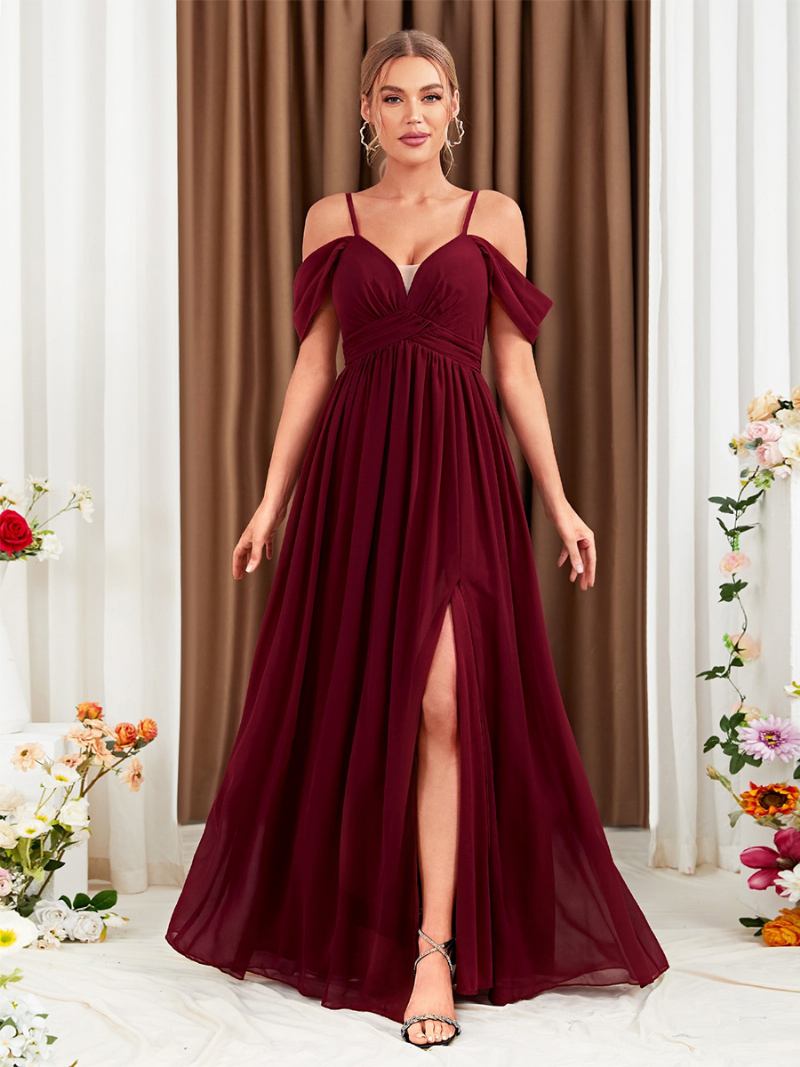 Vestido Feminino Chiffon Cor Vinho Ombro Frio Cruzado Fenda Alta Vestidos Maxi Baile