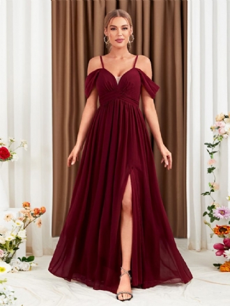 Vestido Feminino Chiffon Cor Vinho Ombro Frio Cruzado Fenda Alta Vestidos Maxi Baile