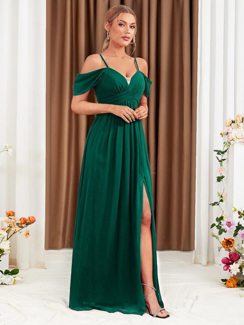 Vestido Feminino Chiffon Cor Vinho Ombro Frio Cruzado Fenda Alta Vestidos Maxi Baile - Verde