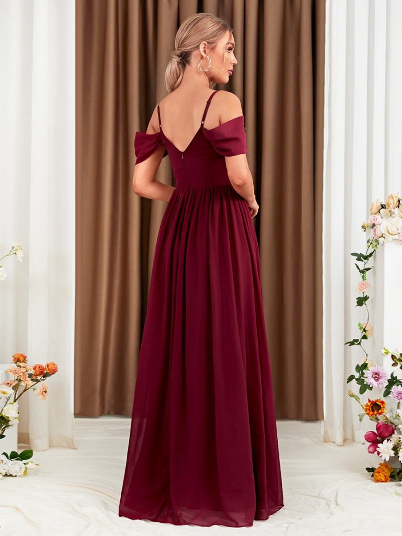 Vestido Feminino Chiffon Cor Vinho Ombro Frio Cruzado Fenda Alta Vestidos Maxi Baile - Borgonha