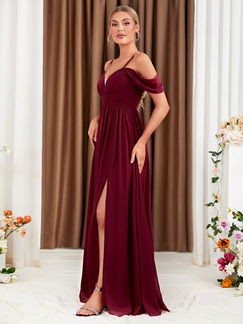 Vestido Feminino Chiffon Cor Vinho Ombro Frio Cruzado Fenda Alta Vestidos Maxi Baile - Borgonha