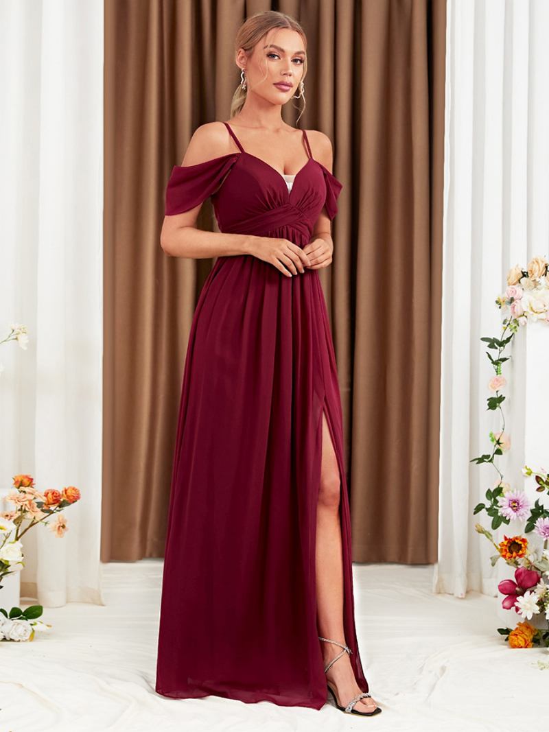 Vestido Feminino Chiffon Cor Vinho Ombro Frio Cruzado Fenda Alta Vestidos Maxi Baile - Borgonha