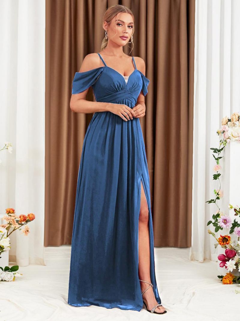 Vestido Feminino Chiffon Cor Vinho Ombro Frio Cruzado Fenda Alta Vestidos Maxi Baile - Azul