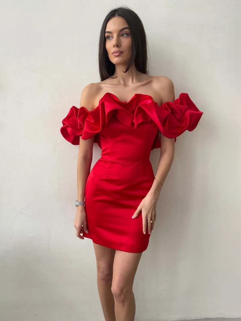 Vestido Feminino Chique Cupcake Sem Alças Com Fenda Para Festa Aniversário Minivestidos - Vermelho