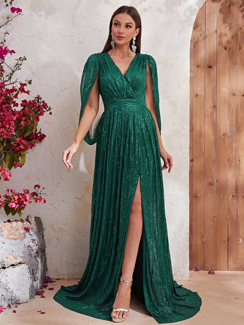 Vestido Feminino Com Fenda Alta Decote Em V Mangas Projetadas Cintura Império Vestidos Maxi Baile - Verde Escuro