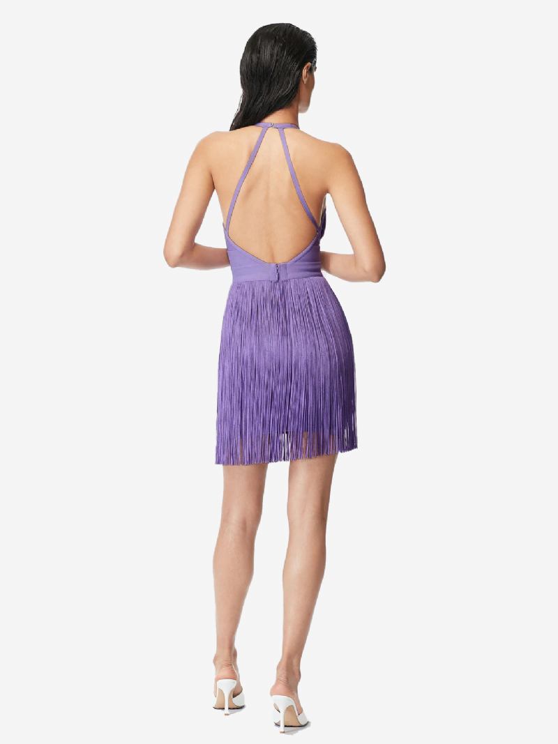 Vestido Feminino Com Franjas Lavanda Frente Única Elegante Para Festa Vestidos Curtos - Lavanda