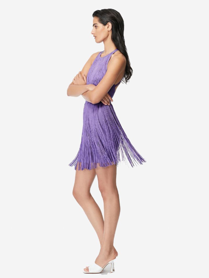 Vestido Feminino Com Franjas Lavanda Frente Única Elegante Para Festa Vestidos Curtos - Lavanda