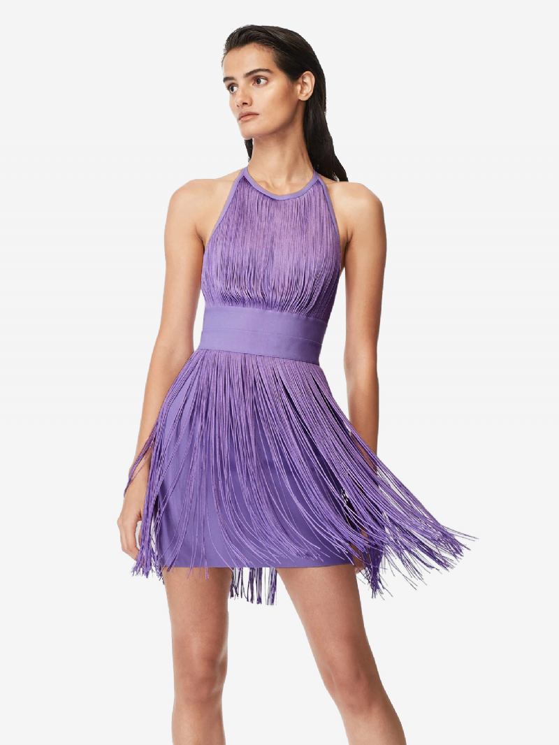 Vestido Feminino Com Franjas Lavanda Frente Única Elegante Para Festa Vestidos Curtos - Lavanda