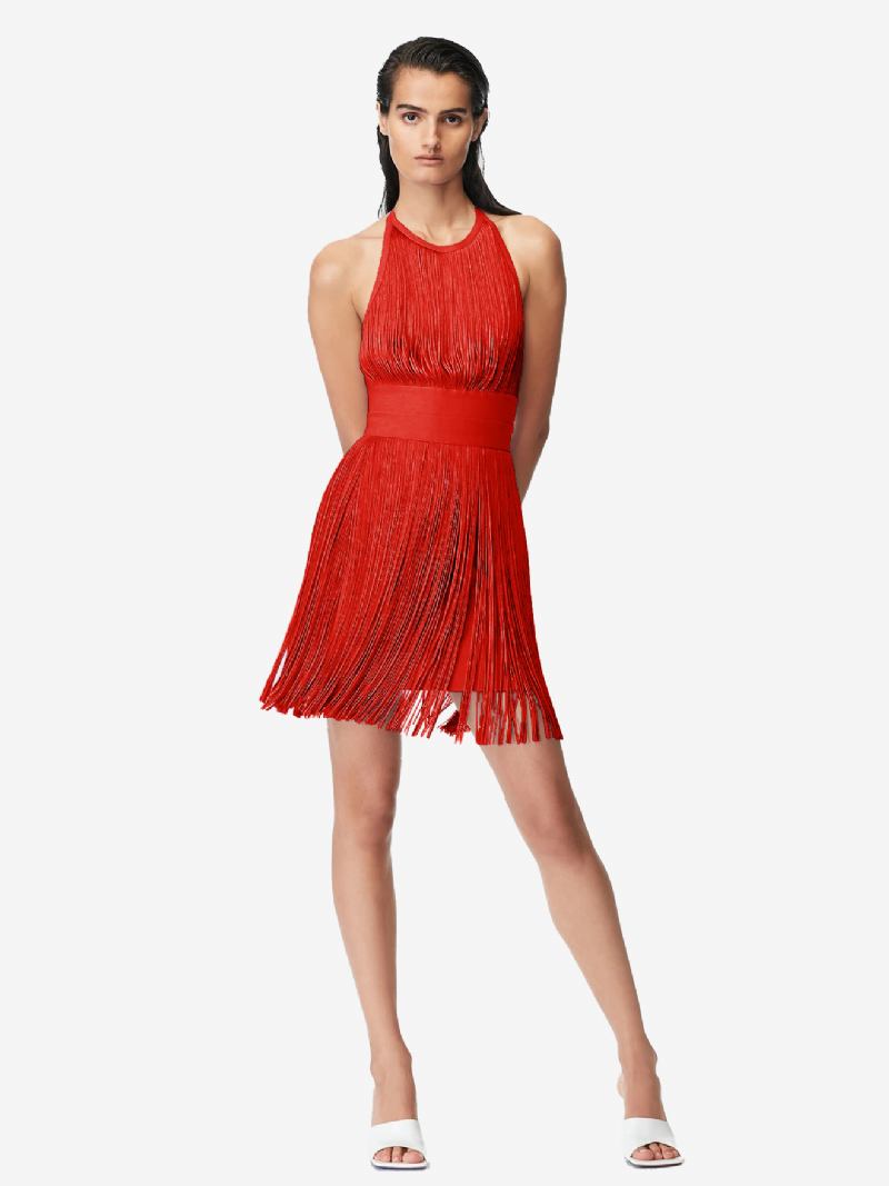 Vestido Feminino Com Franjas Lavanda Frente Única Elegante Para Festa Vestidos Curtos - Vermelho