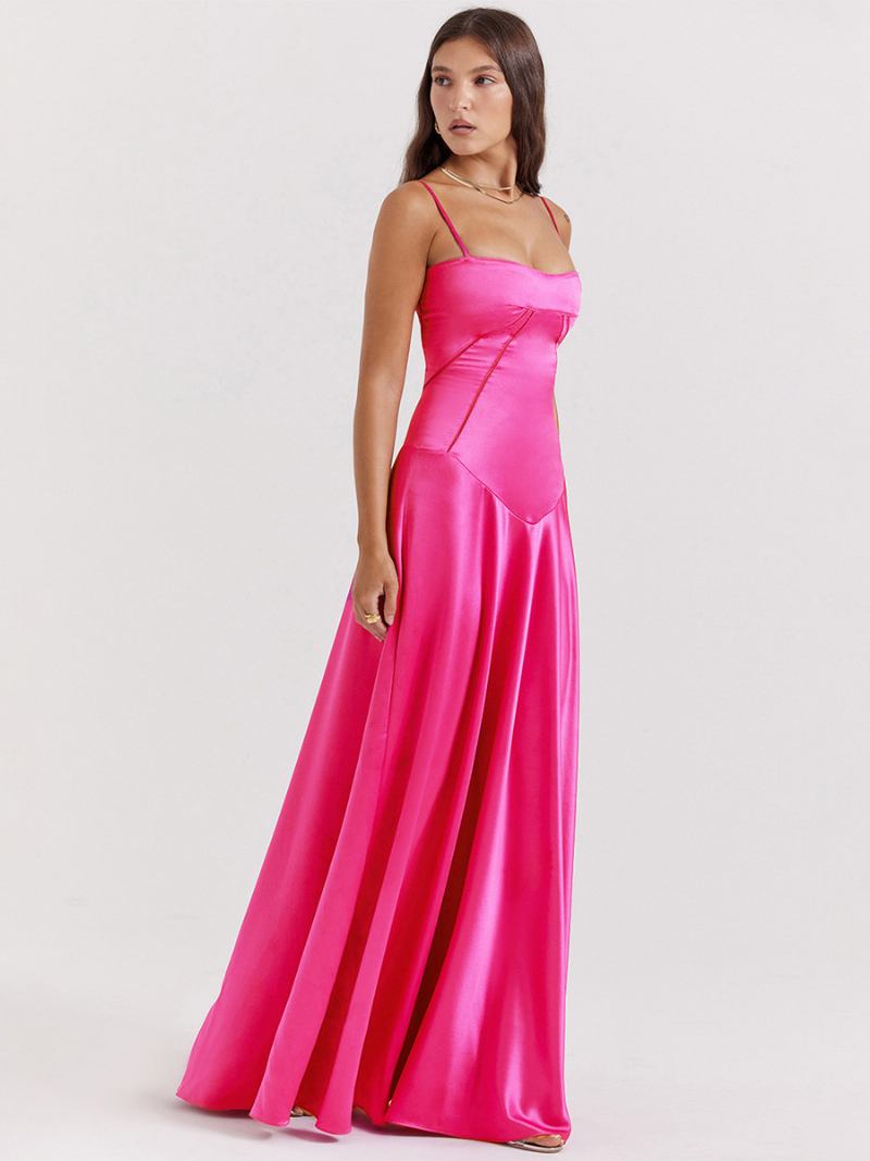 Vestido Feminino Corest Maxi Com Alças Finas Ajustáveis Sem Costas Cadarço E Vestidos Baile - Rosa