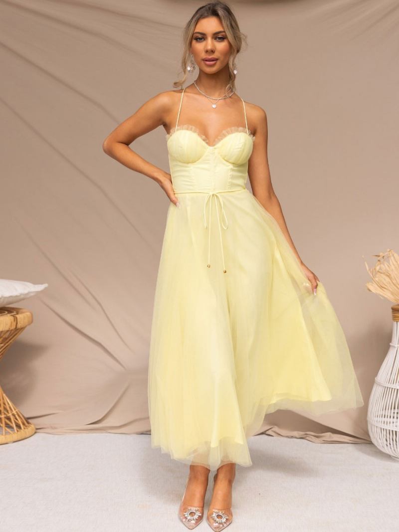 Vestido Feminino Corest Midi Com Alças Finas Franzido Cadarço E Saia Tule - Amarelo