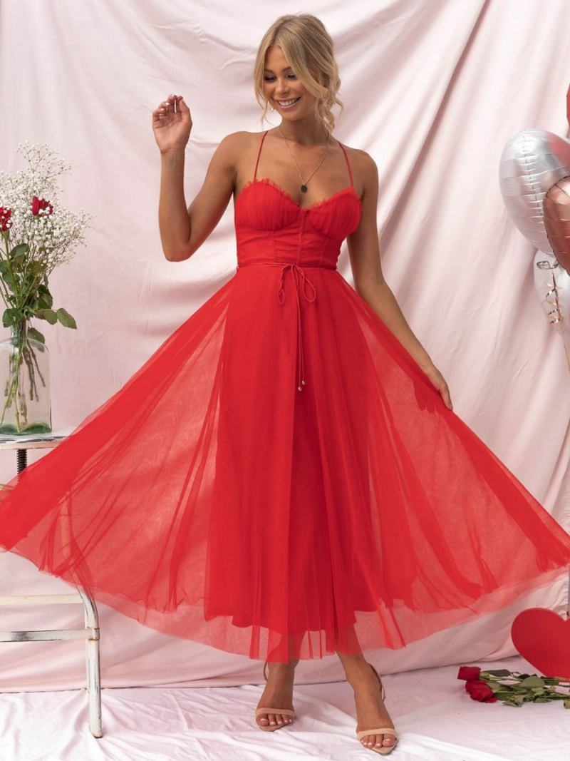 Vestido Feminino Corest Midi Com Alças Finas Franzido Cadarço E Saia Tule - Vermelho