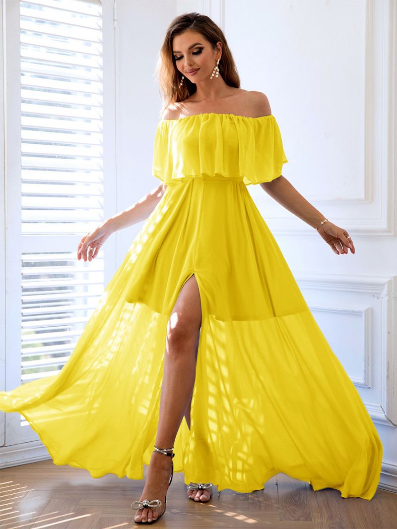 Vestido Feminino Dobrável Azul Céu Claro Com Fenda Alta Elegante Vestidos Maxi Baile - Amarelo 