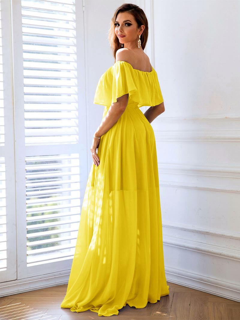 Vestido Feminino Dobrável Azul Céu Claro Com Fenda Alta Elegante Vestidos Maxi Baile - Amarelo 