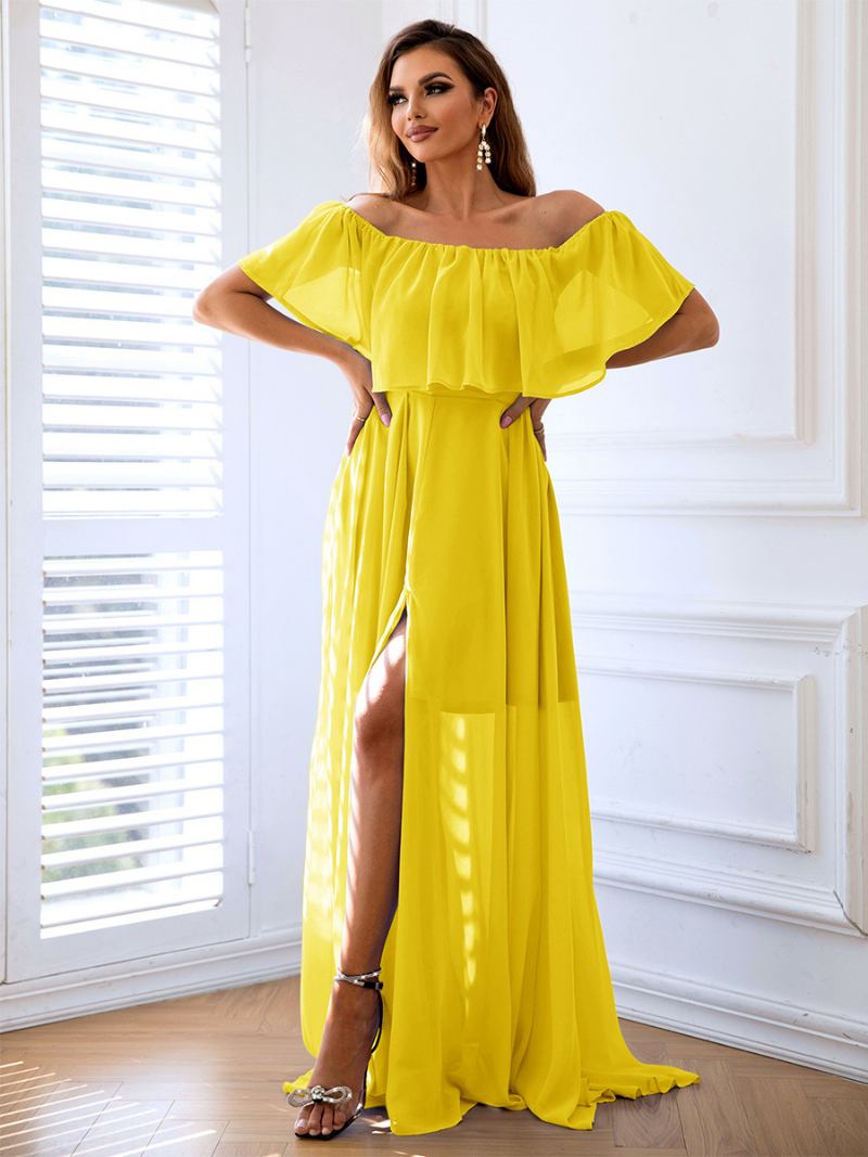 Vestido Feminino Dobrável Azul Céu Claro Com Fenda Alta Elegante Vestidos Maxi Baile - Amarelo 