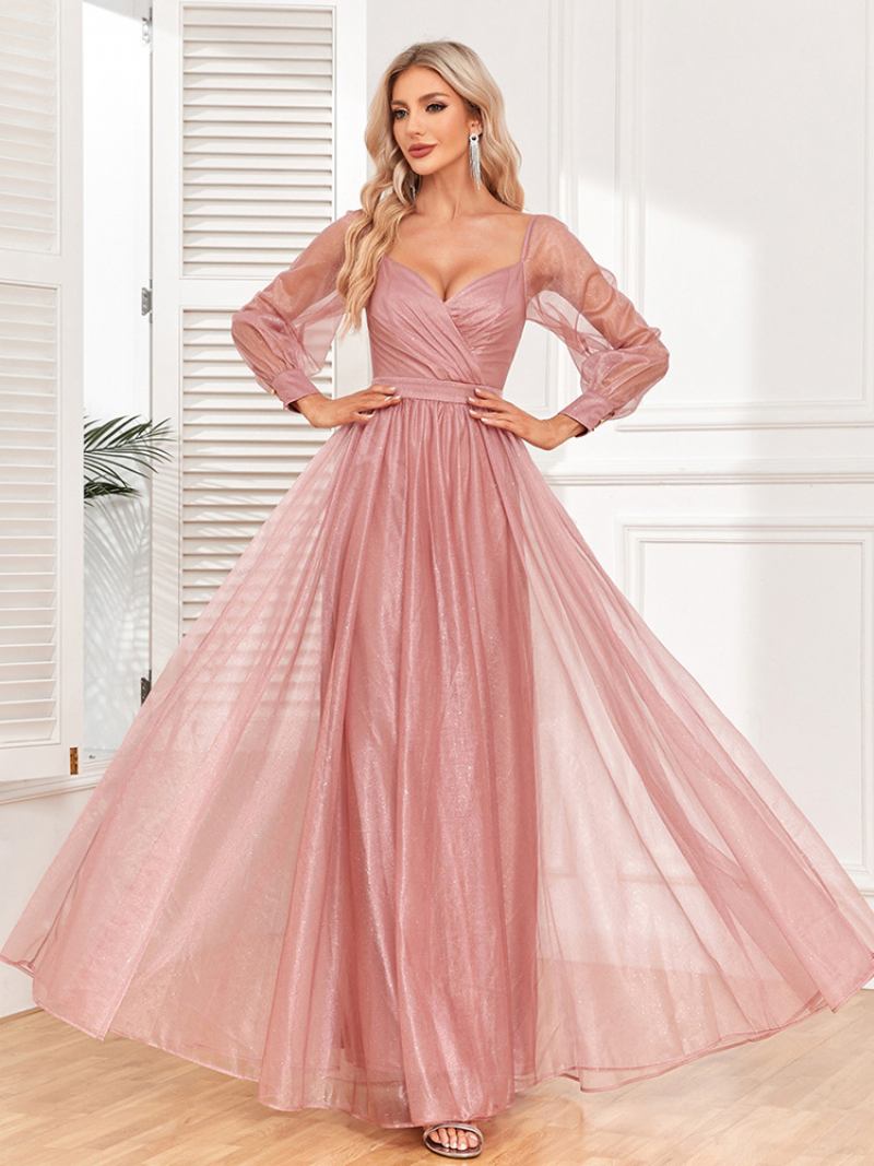 Vestido Feminino Elegante Baile Decote Em Sobrepeliz Mangas Ilusão Vestidos Maxi Rosa