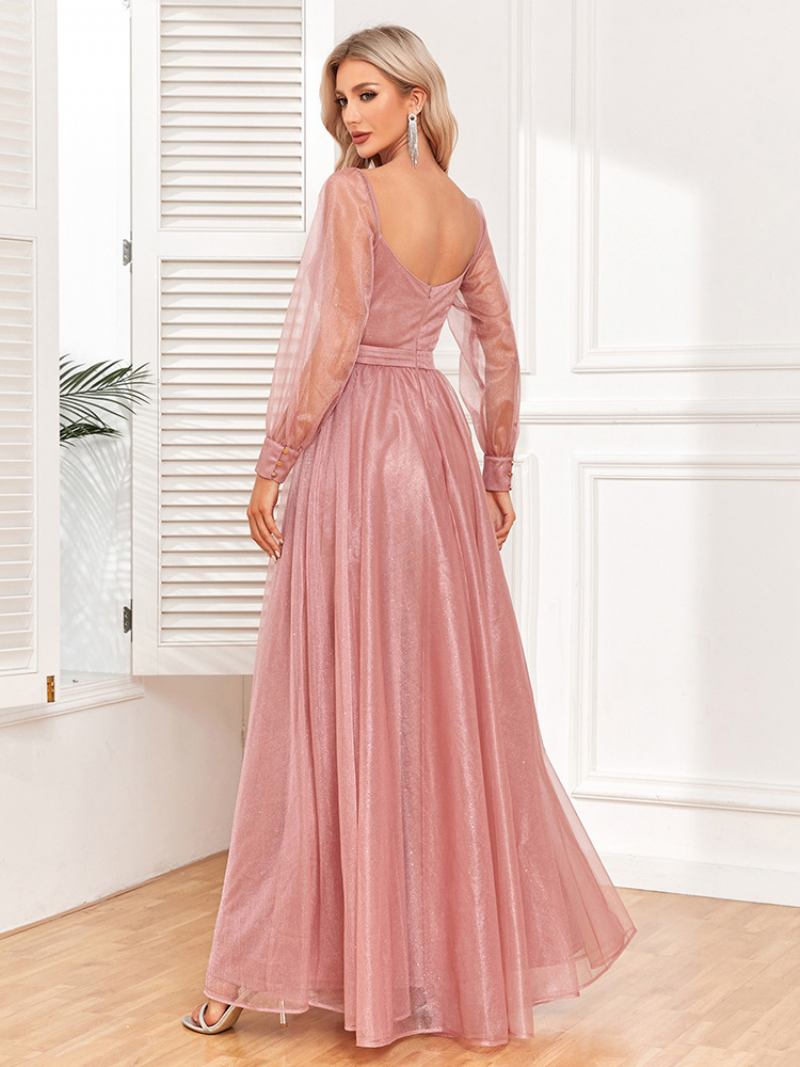 Vestido Feminino Elegante Baile Decote Em Sobrepeliz Mangas Ilusão Vestidos Maxi Rosa - Rosa