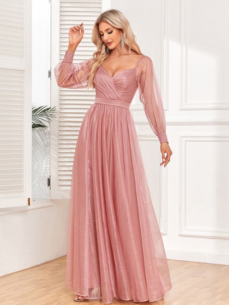 Vestido Feminino Elegante Baile Decote Em Sobrepeliz Mangas Ilusão Vestidos Maxi Rosa - Rosa