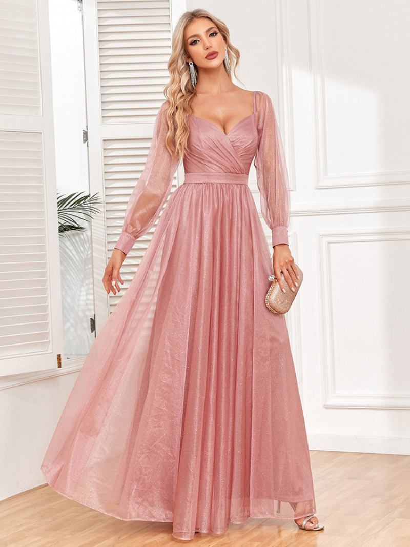 Vestido Feminino Elegante Baile Decote Em Sobrepeliz Mangas Ilusão Vestidos Maxi Rosa - Rosa