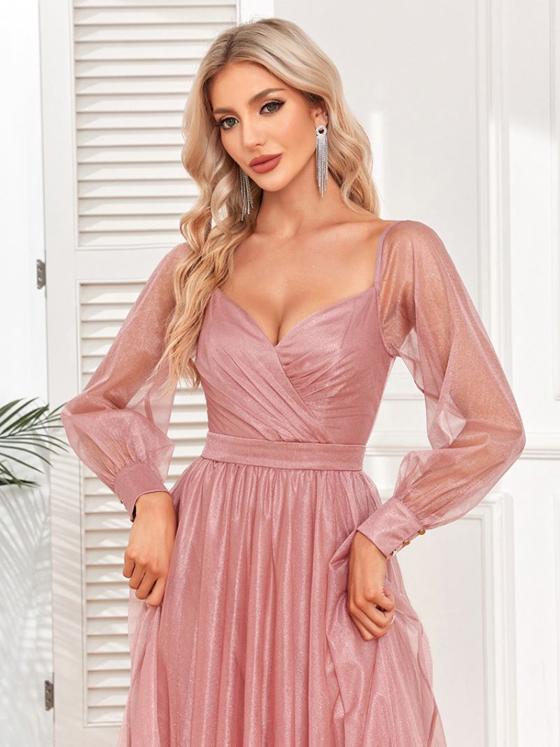 Vestido Feminino Elegante Baile Decote Em Sobrepeliz Mangas Ilusão Vestidos Maxi Rosa - Rosa