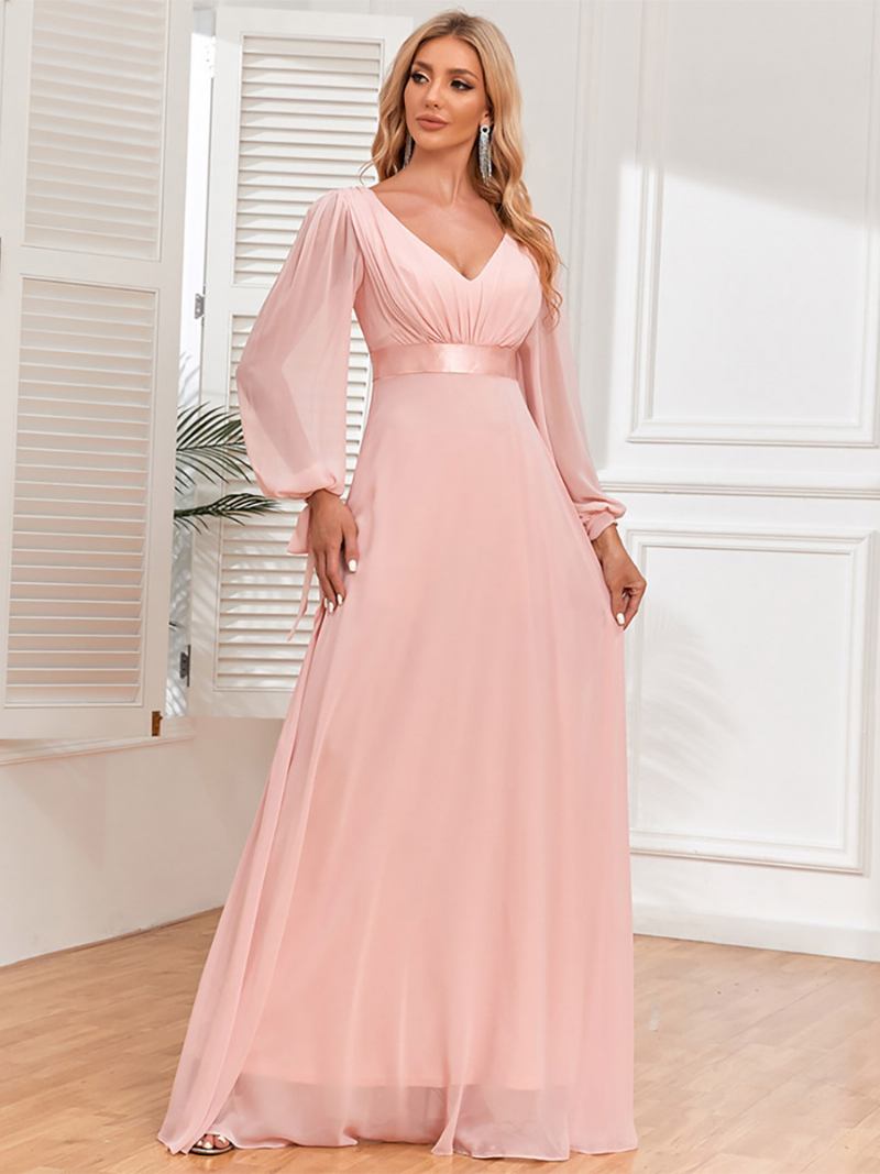 Vestido Feminino Elegante Com Mangas Lanterna E Decote Em V Costas Nuas Plissado Vestidos Maxi Baile - Rosa