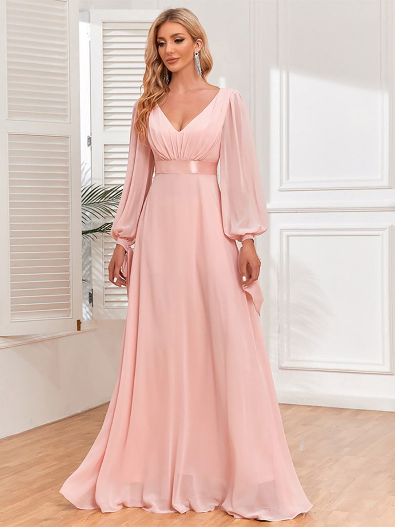 Vestido Feminino Elegante Com Mangas Lanterna E Decote Em V Costas Nuas Plissado Vestidos Maxi Baile - Rosa