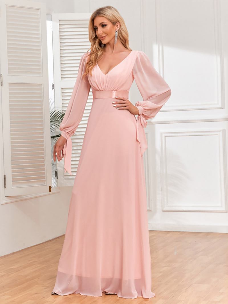 Vestido Feminino Elegante Com Mangas Lanterna E Decote Em V Costas Nuas Plissado Vestidos Maxi Baile - Rosa