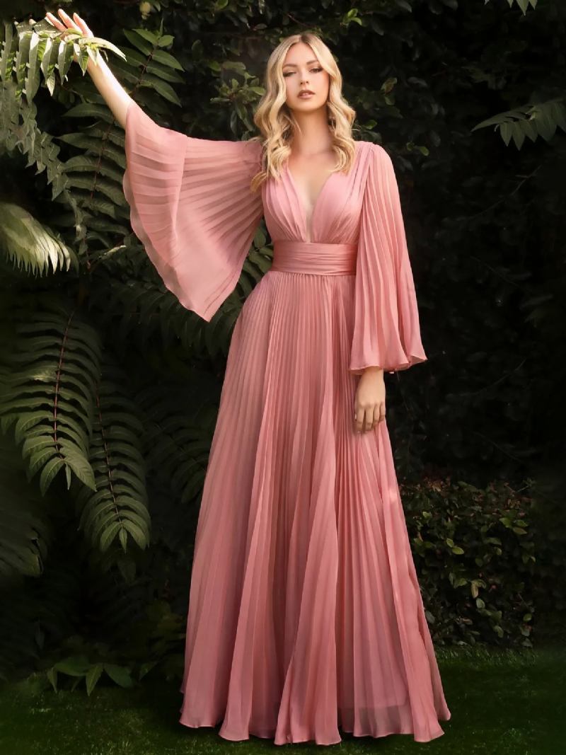 Vestido Feminino Festa Aniversário Plissado Com Decote Em V Mangas Ilusão Vestidos Maxi Baile - Rosa