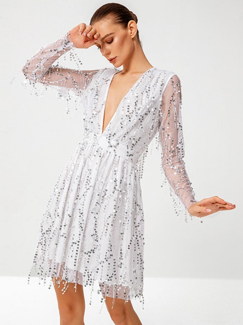 Vestido Feminino Lantejoulas Com Mangas Ilusão Mergulho Vestidos Curtos Festa Coachella - Branco