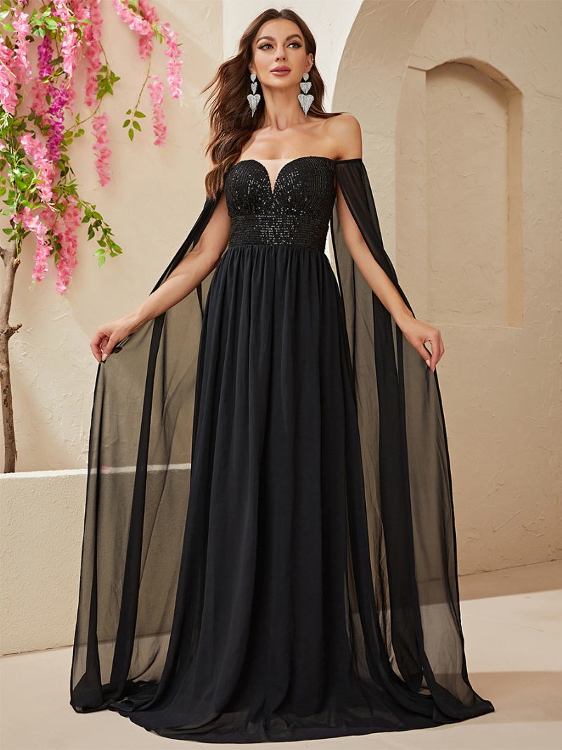 Vestido Feminino Lantejoulas Com Ombros Fora Cintura Império Vestidos Maxi Baile Em Preto