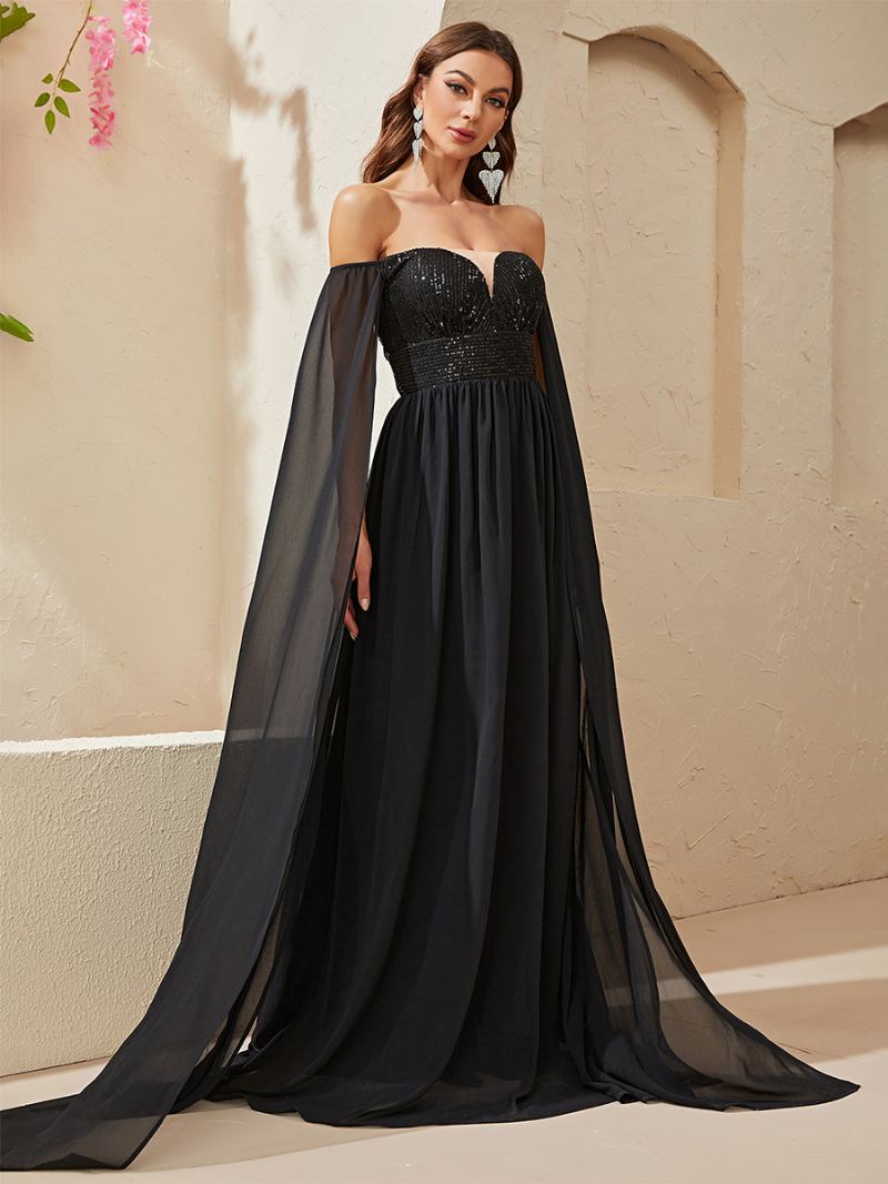 Vestido Feminino Lantejoulas Com Ombros Fora Cintura Império Vestidos Maxi Baile Em Preto - Preto